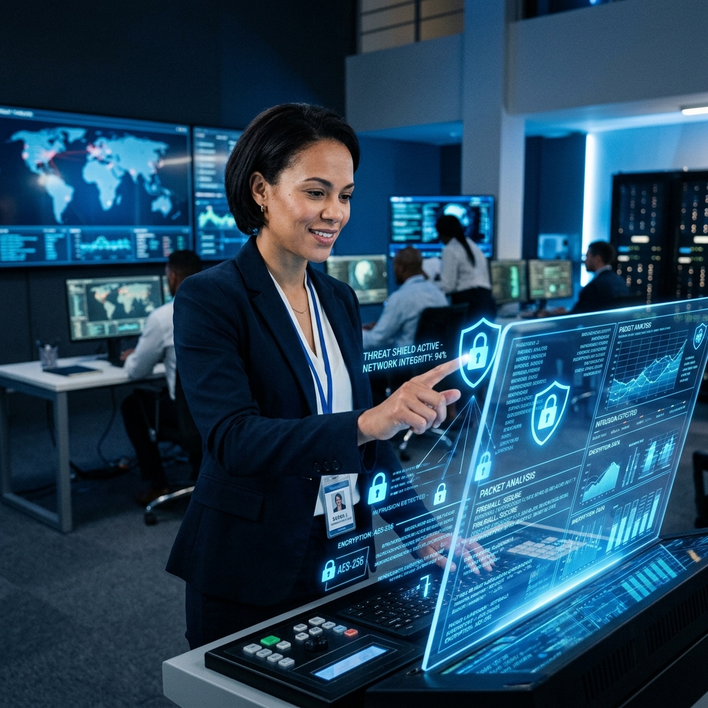 Futuristic cybersecurity shield and network visualization